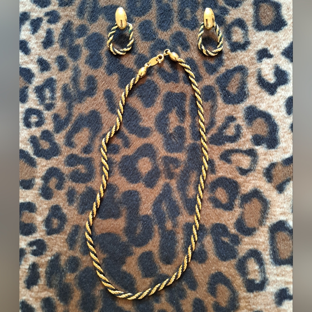 VINTAGE Trifari TM Gold and BlacK Twisted Rope Necklace & Pierced Earring Set